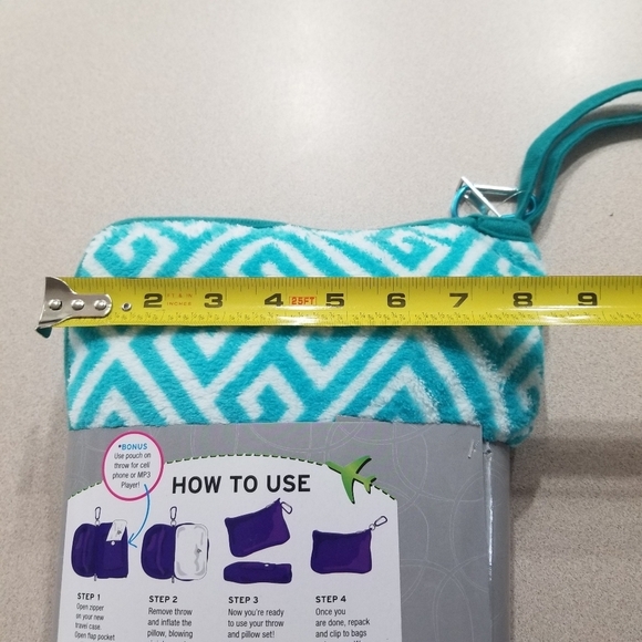 SILVER One Travel Blanket And Pillow Set Teal White Geometric Pattern NWT - Picture 4 of 6